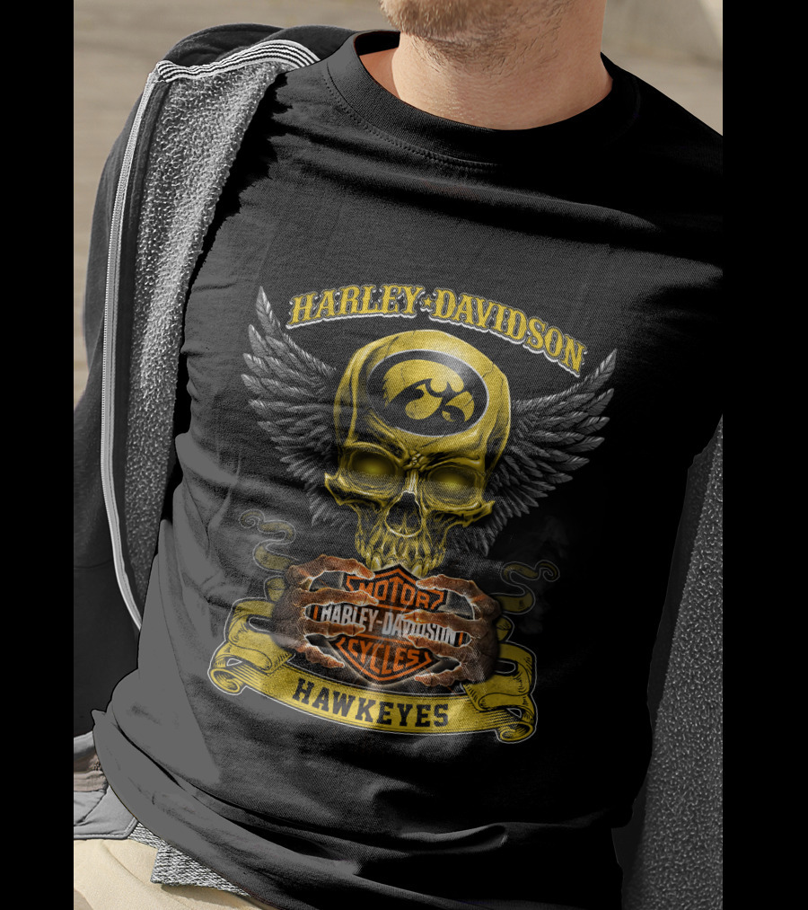 Harley Davidson Iowa Hawkeyes Skull Wings Motor Cycles T-Shirt