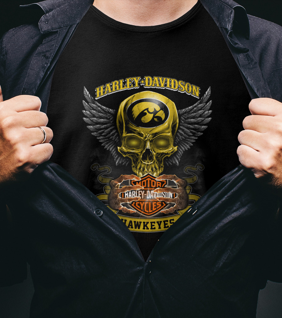 Harley Davidson Iowa Hawkeyes Skull Wings Motor Cycles T-Shirt
