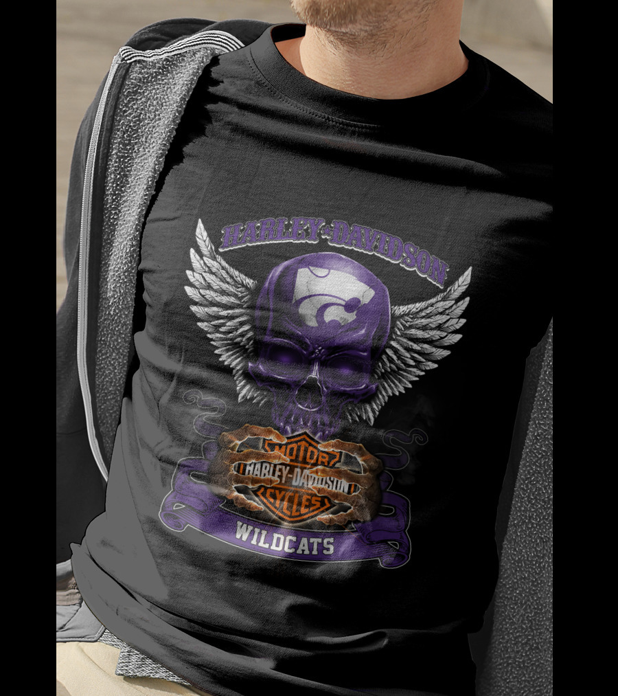 Harley Davidson Kansas State Wildcats Motorcycles Winged Skull T-Shirt