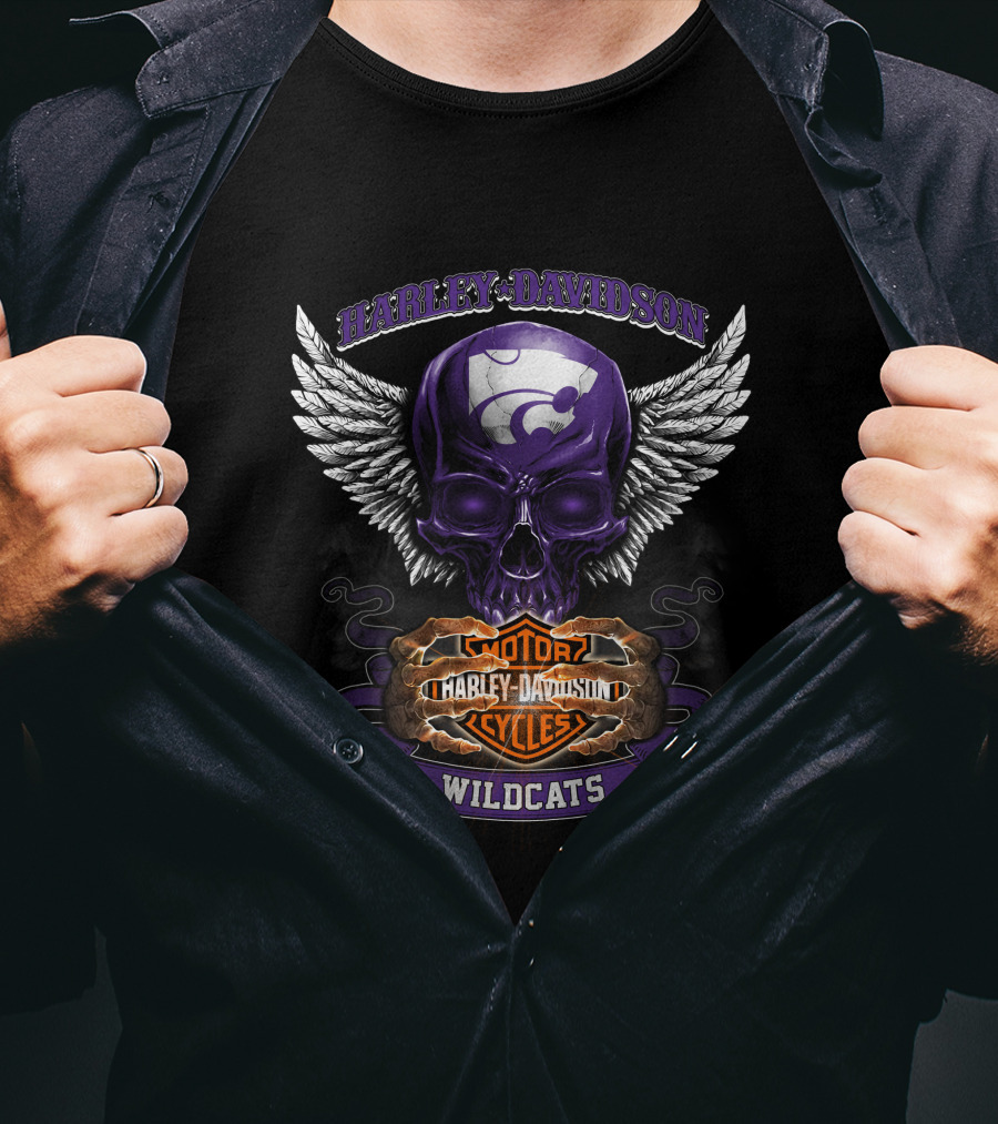 Harley Davidson Kansas State Wildcats Motorcycles Winged Skull T-Shirt