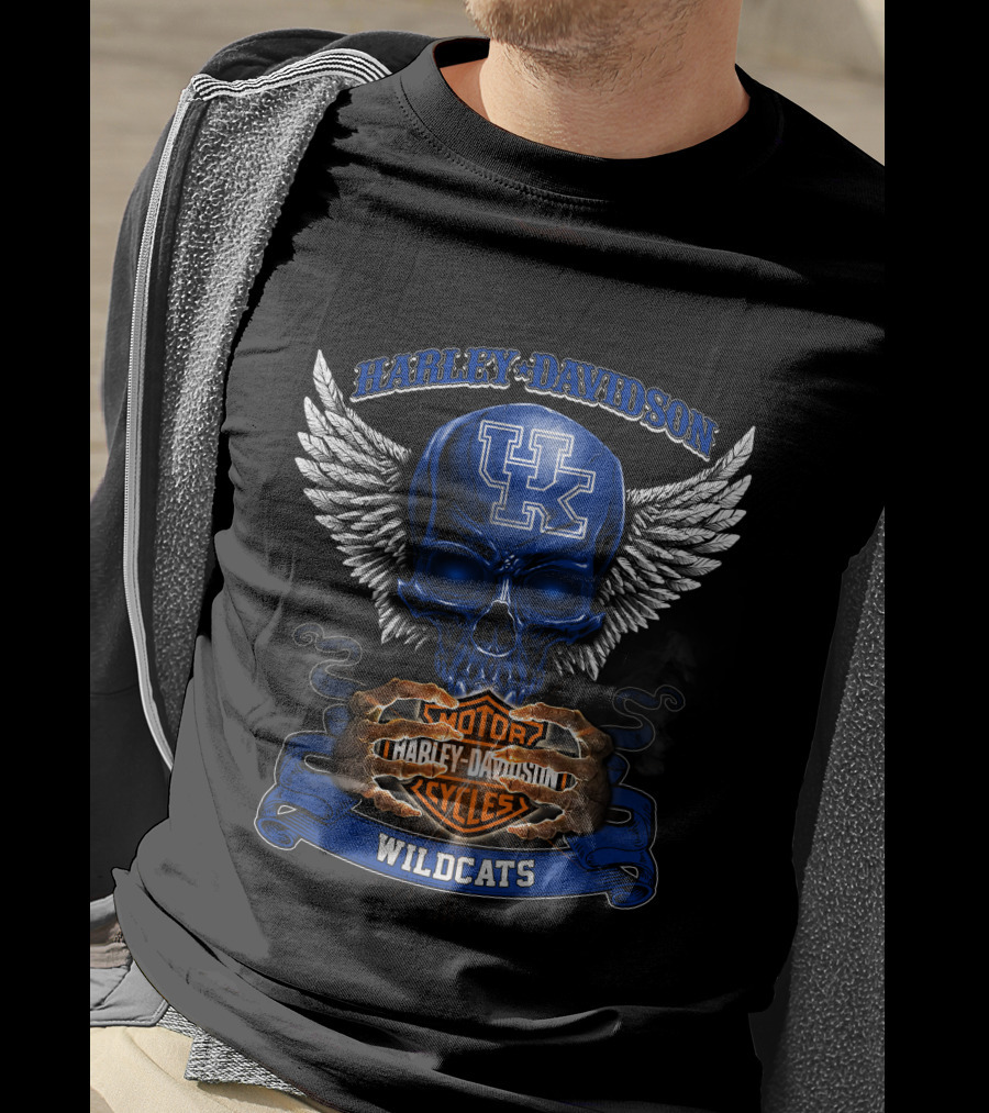 Harley Davidson Kentucky Wildcats Motorcycles Skull Wings T-Shirt