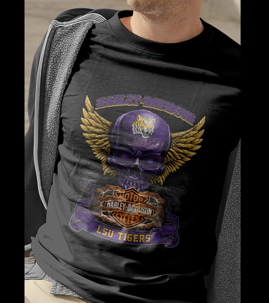 Harley Davidson Lsu Tigers Motorcycles Skull Wings T-Shirt