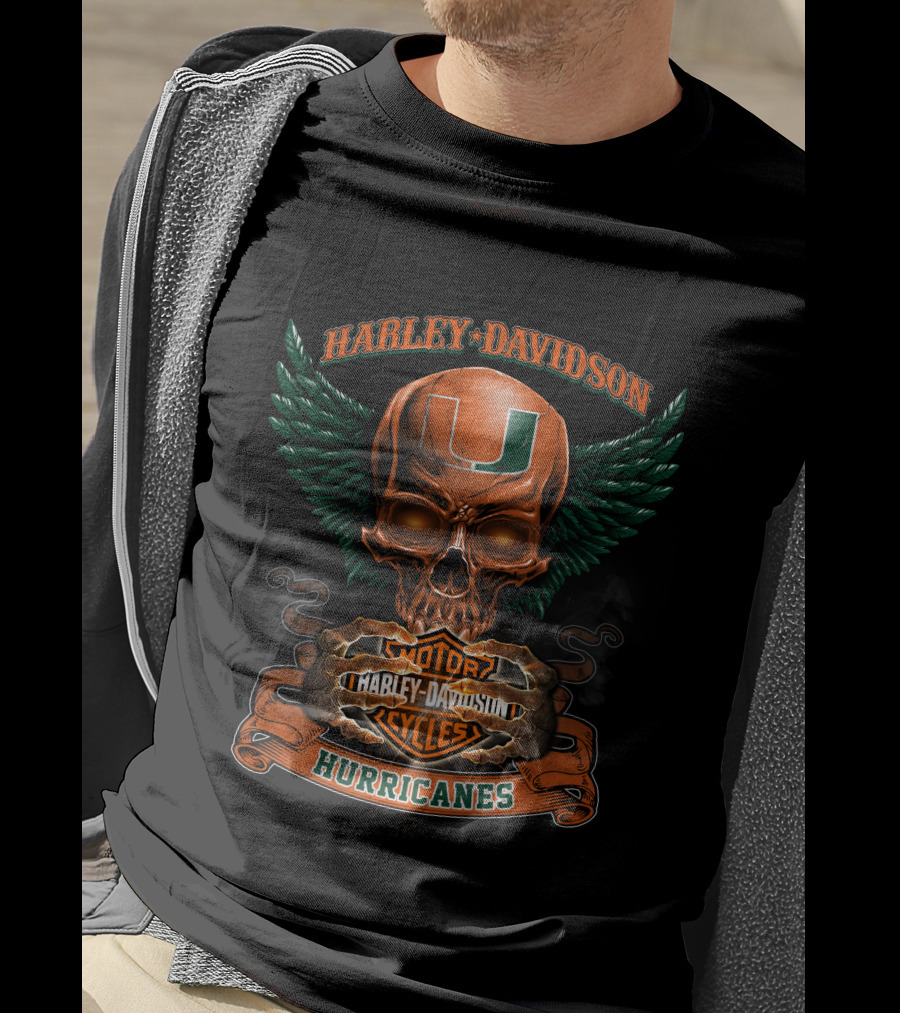 Harley Davidson Miami Hurricanes Skull With Wings Motorcycles T-Shirt