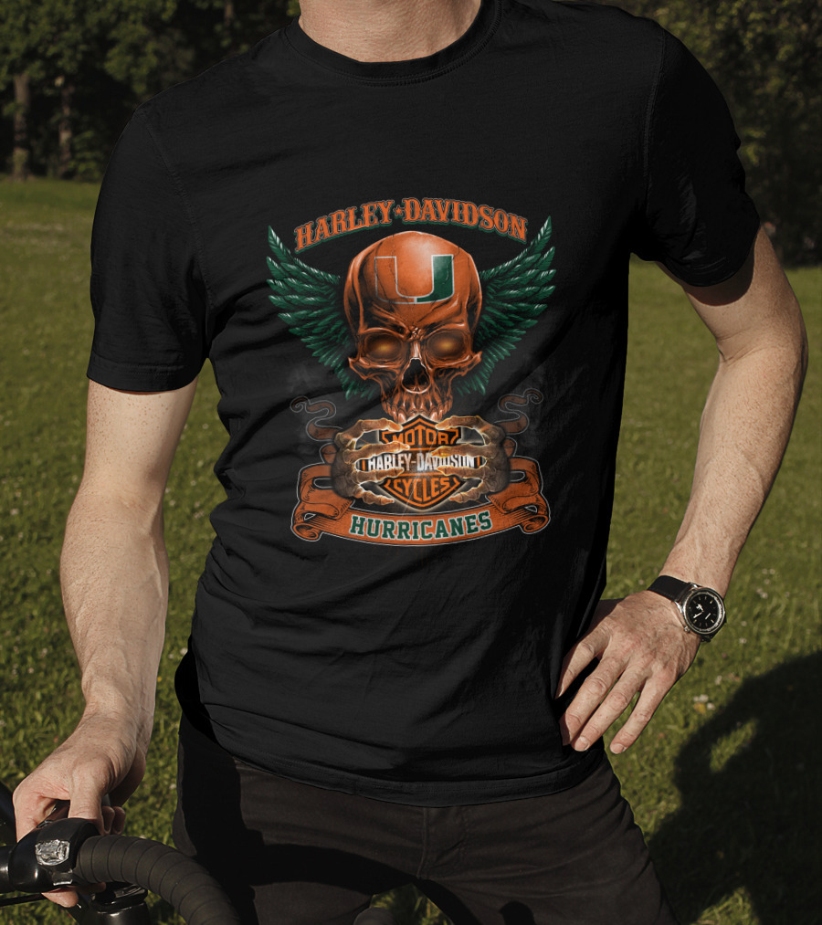 Harley Davidson Miami Hurricanes Skull With Wings Motorcycles T-Shirt