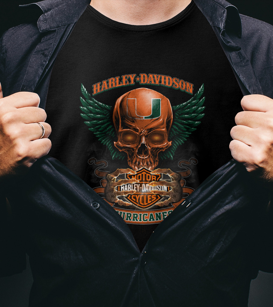 Harley Davidson Miami Hurricanes Skull With Wings Motorcycles T-Shirt