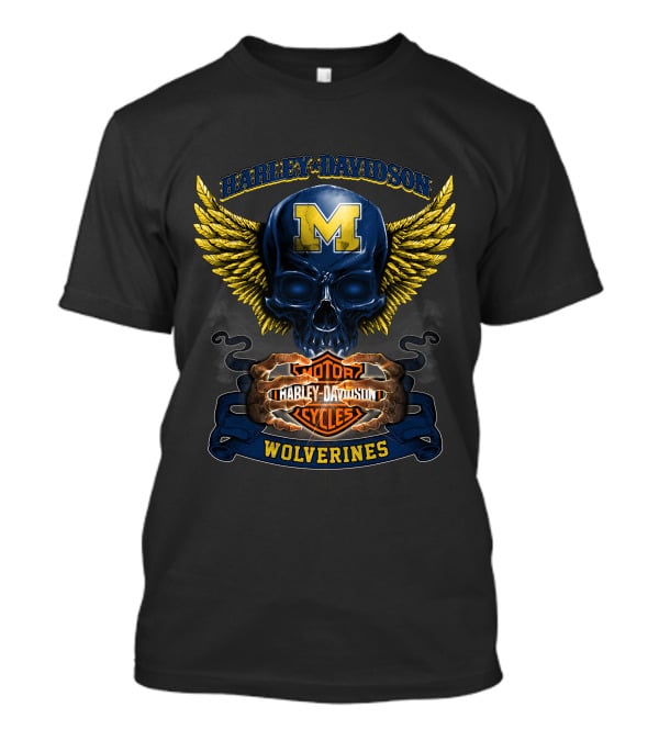 Harley Davidson Motorcycles Wolverines Michigan M Skull Wings T-Shirt
