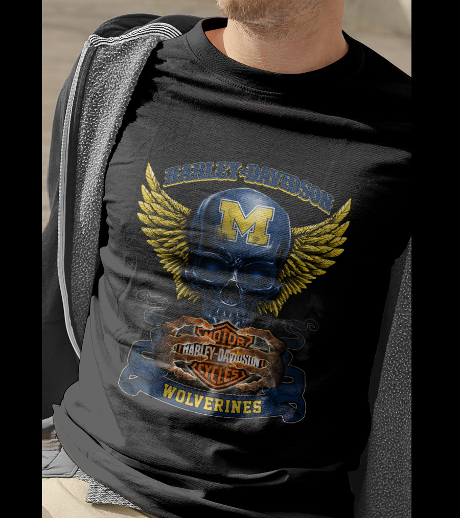 Harley Davidson Motorcycles Wolverines Michigan M Skull Wings T-Shirt