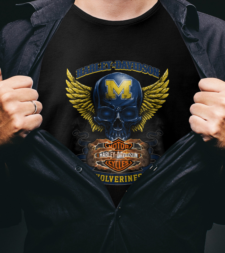 Harley Davidson Motorcycles Wolverines Michigan M Skull Wings T-Shirt