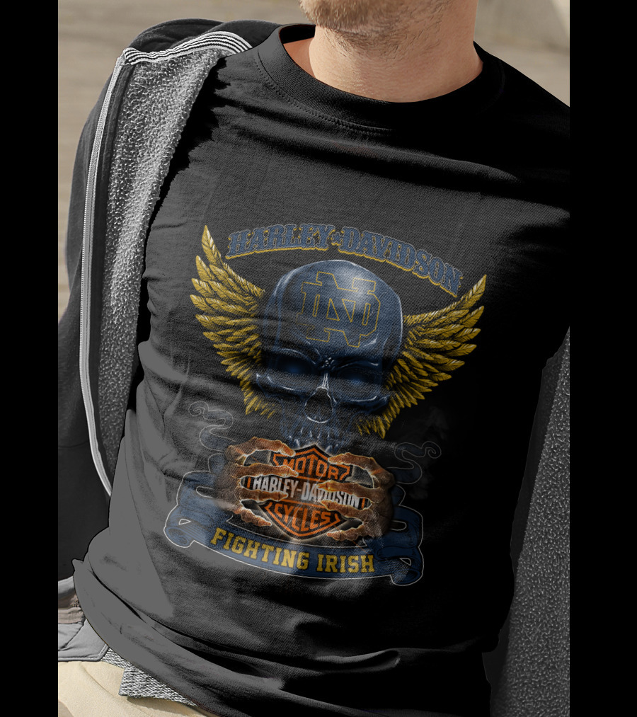 Harley Davidson Notre Dame Nd Motor Cycles Fighting Irish Skull Wings T-Shirt