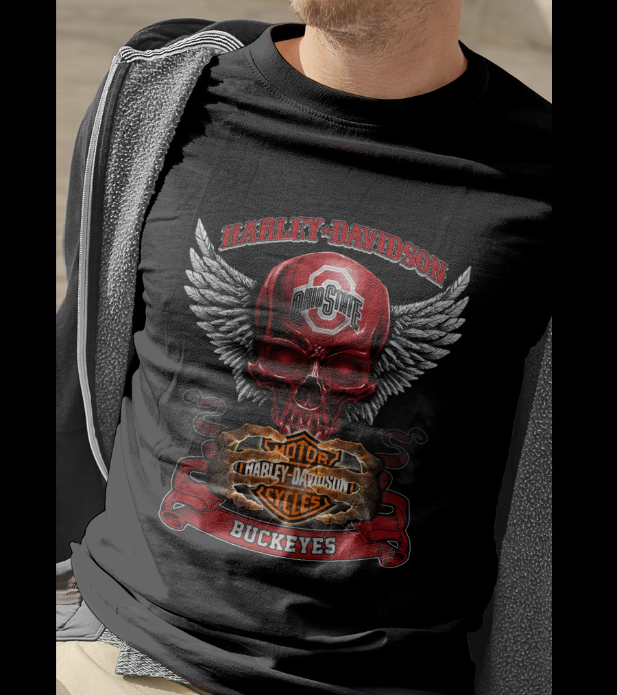 Harley Davidson Ohio State Buckeyes Skull Winged Motorcycles T-Shirt