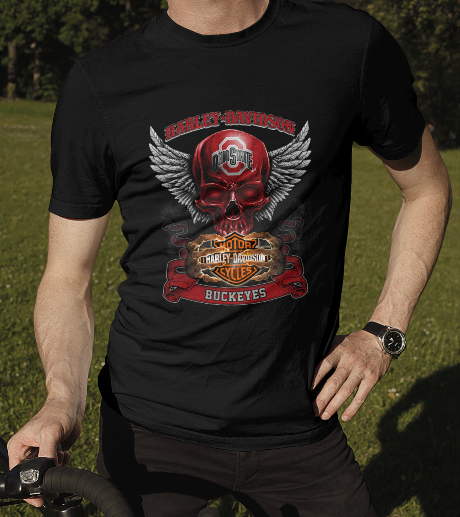 Harley Davidson Ohio State Buckeyes Skull Winged Motorcycles T-Shirt