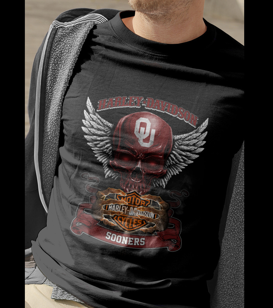 Harley Davidson Oklahoma Sooners Ou Winged Skull Motorcycles T-Shirt