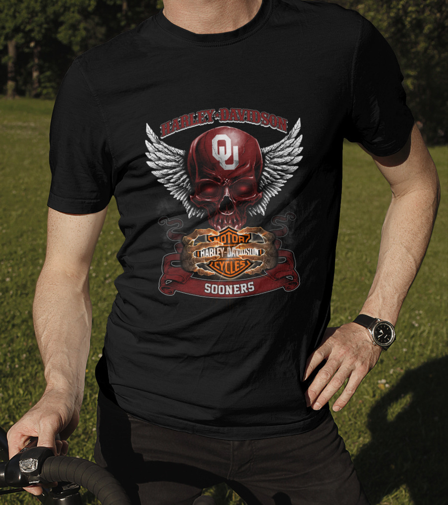 Harley Davidson Oklahoma Sooners Ou Winged Skull Motorcycles T-Shirt