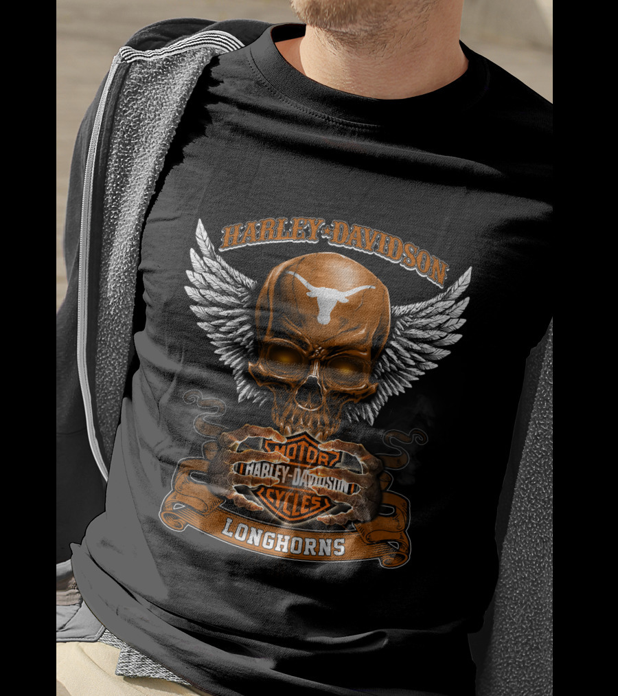 Harley Davidson Longhorns Texas Skull Wings Motorcycles T-Shirt