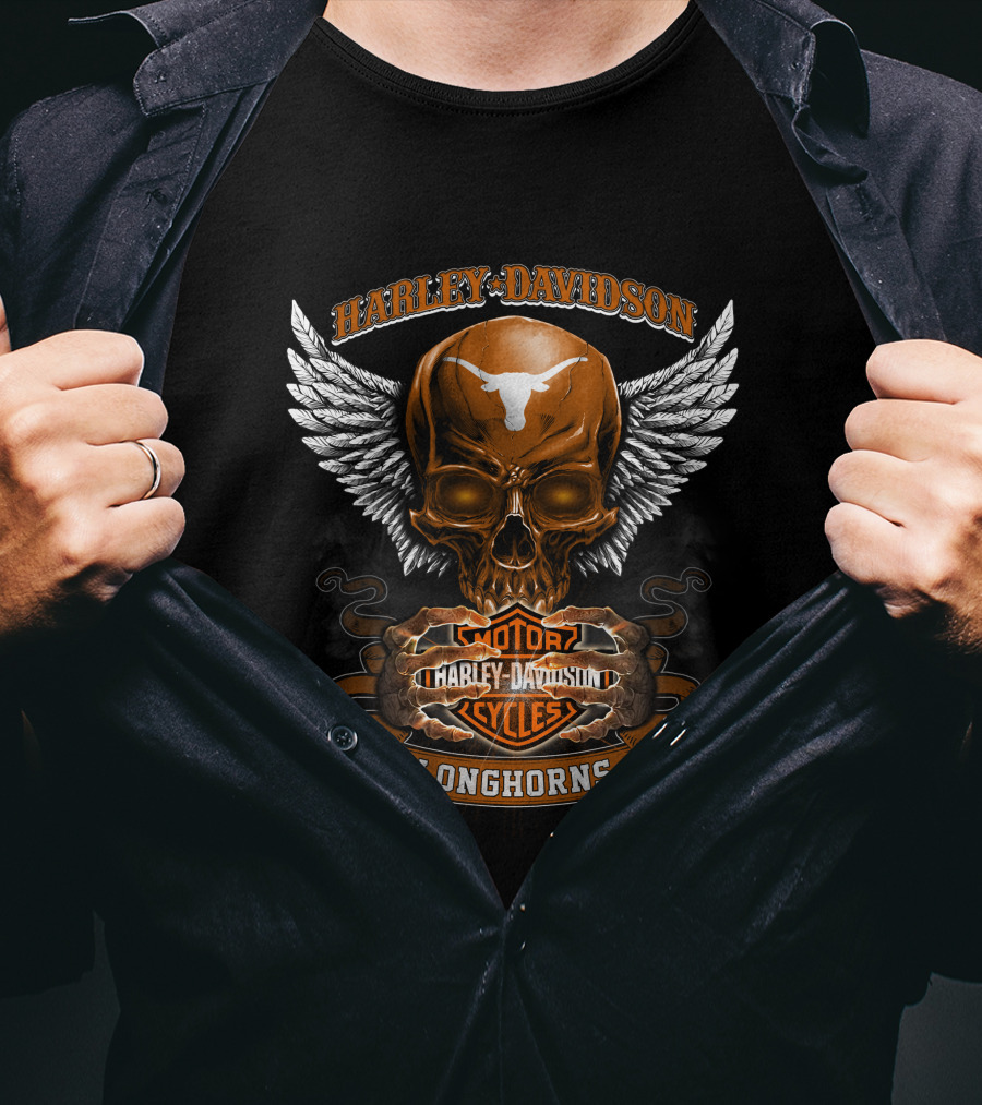 Harley Davidson Longhorns Texas Skull Wings Motorcycles T-Shirt