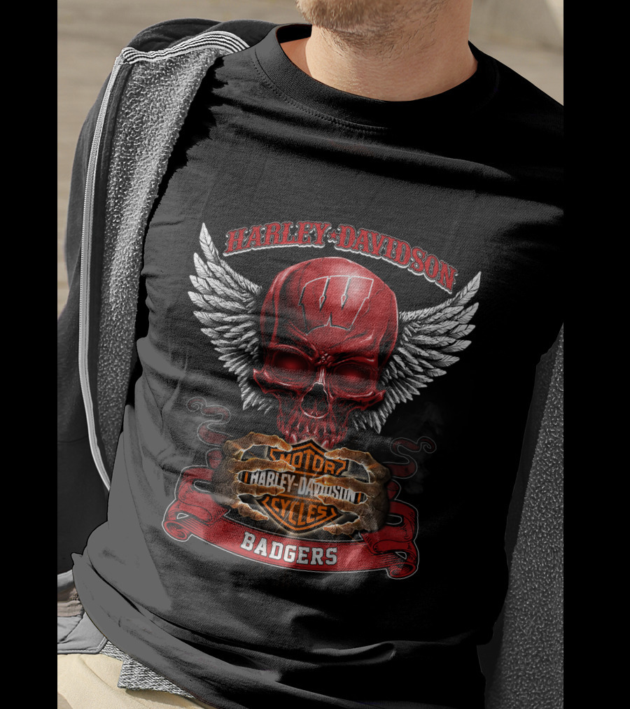 Harley Davidson Wisconsin Badgers Motorcycles Winged Skull T-Shirt