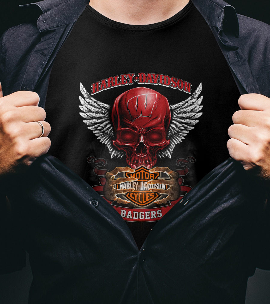 Harley Davidson Wisconsin Badgers Motorcycles Winged Skull T-Shirt