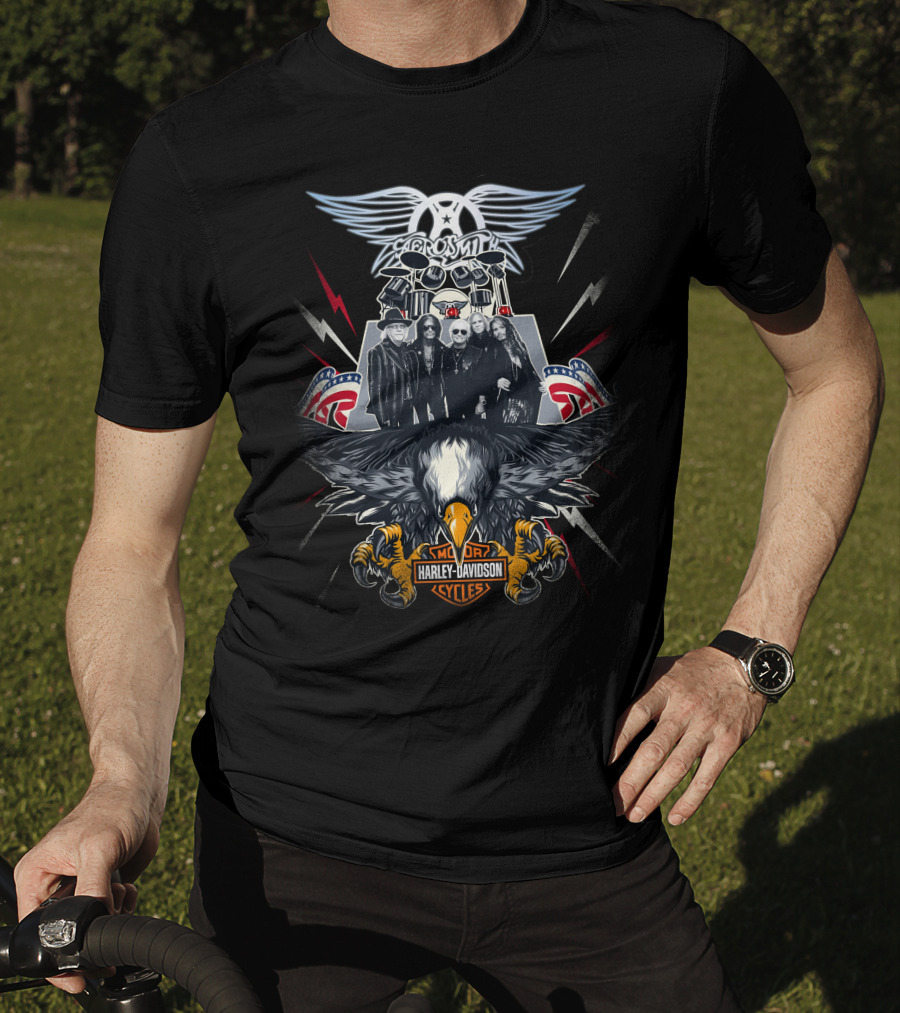 Aerosmith Harley Davidson Motor Cycles Eagle Lightning Band T-Shirt