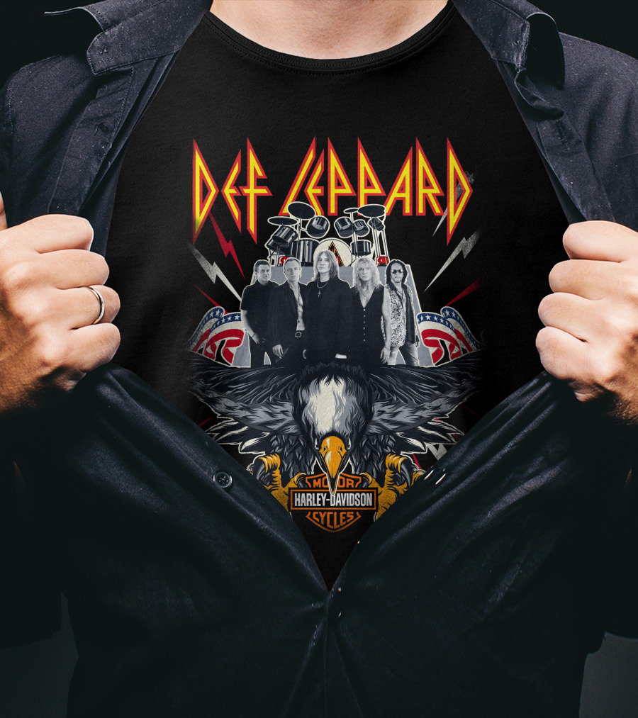 Def Leppard Harley Davidson Motor Cycles Eagle And Band T-Shirt