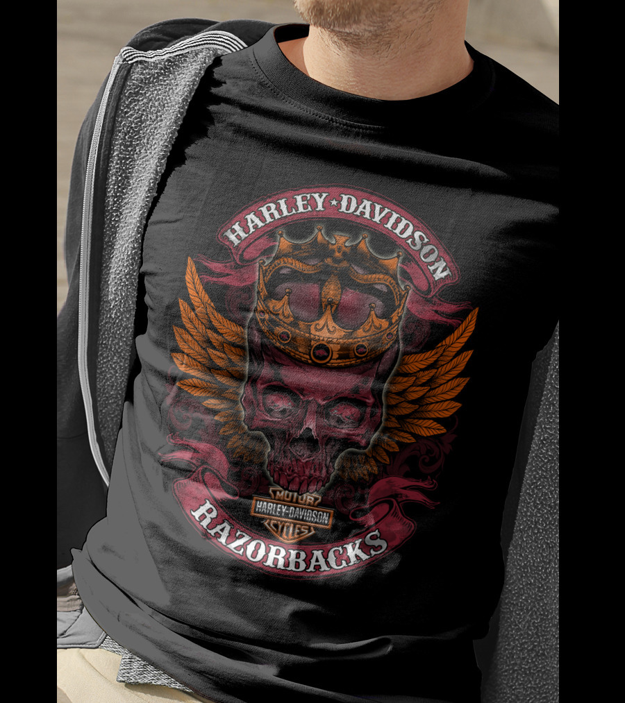Harley Davidson Razorbacks Skull With Crown And Wings T-Shirt