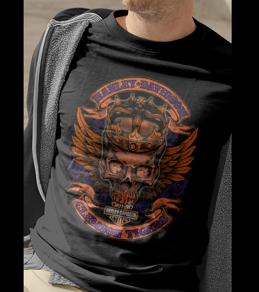 Harley Davidson Motor Cycles Skull Crown Clemson Tigers T-Shirt