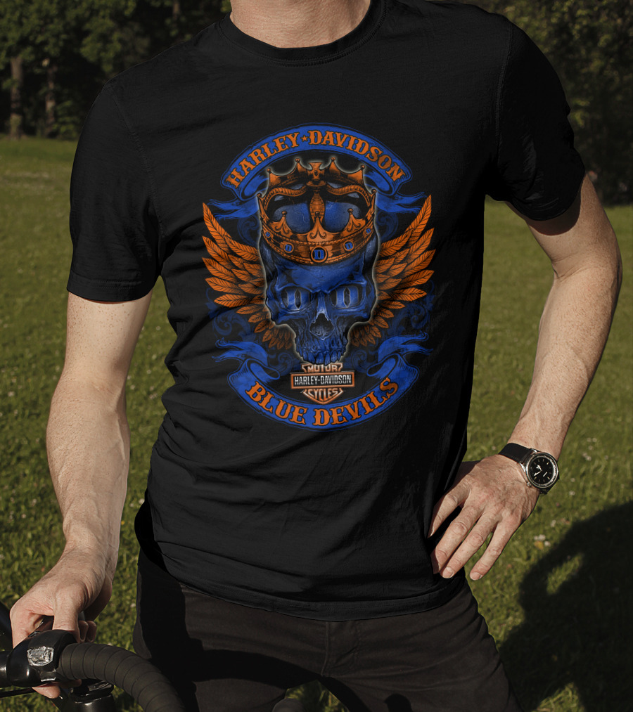 Harley Davidson Blue Devils Skull Crown Wings Motor Cycles T-Shirt