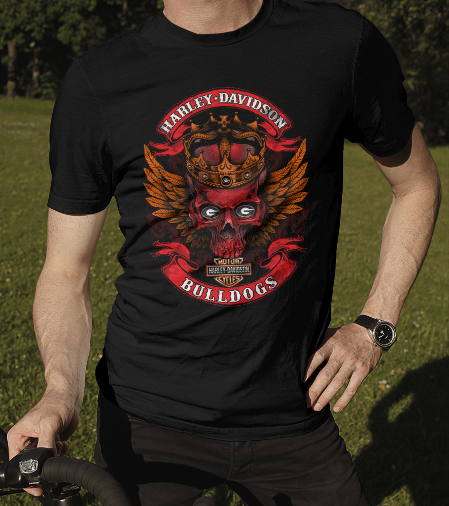 Harley Davidson Bulldogs Skull With Crown And Wings T-Shirt
