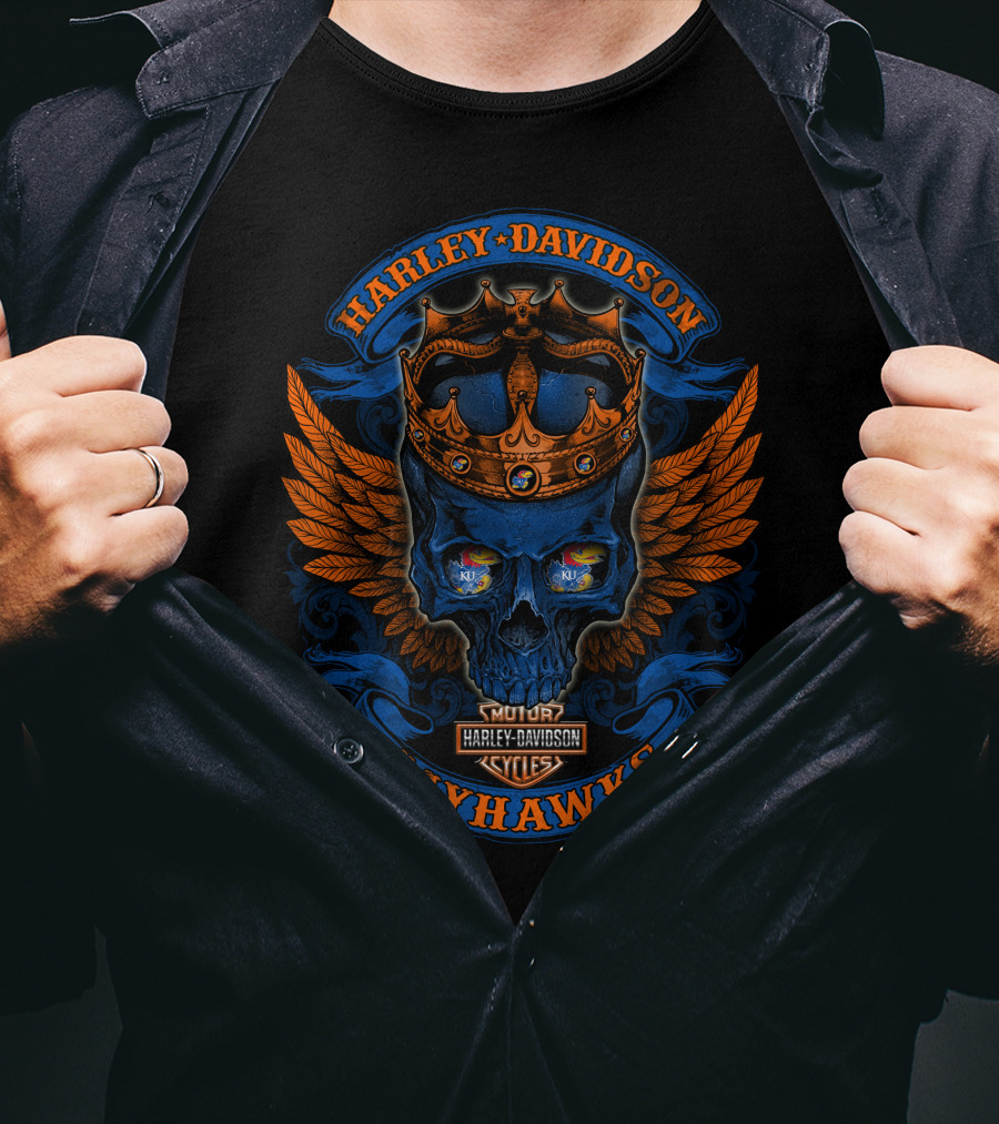 Harley Davidson Jayhawks Skull With Crown And Wings T-Shirt