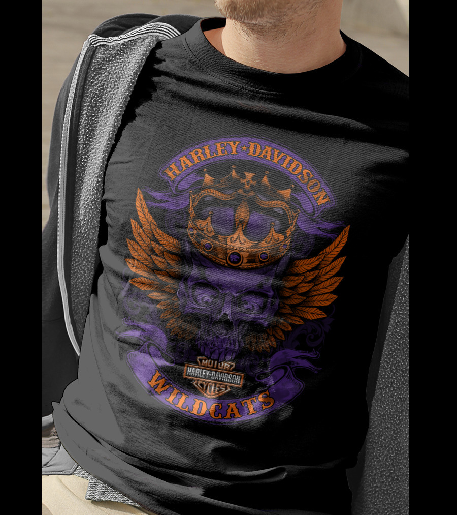 Harley Davidson Wildcats Skull With Crown And Wings T-Shirt