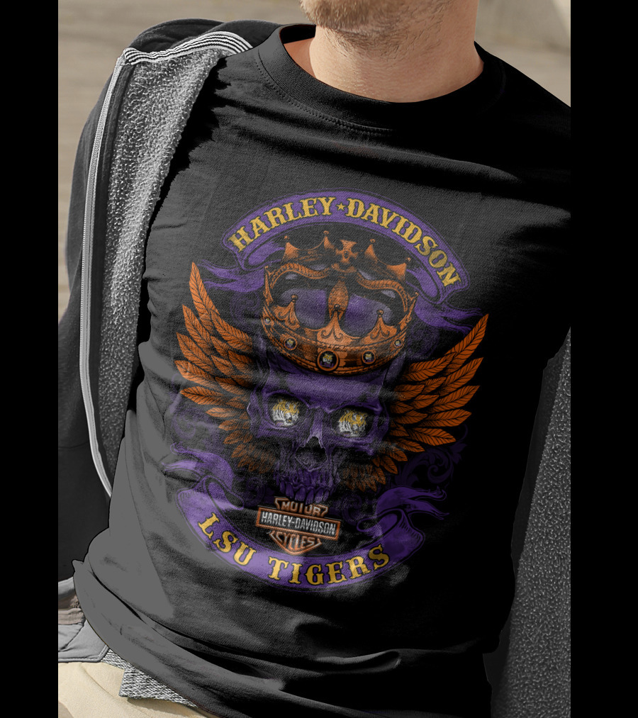 Harley Davidson Lsu Tigers Skull Crown Wings T-Shirt