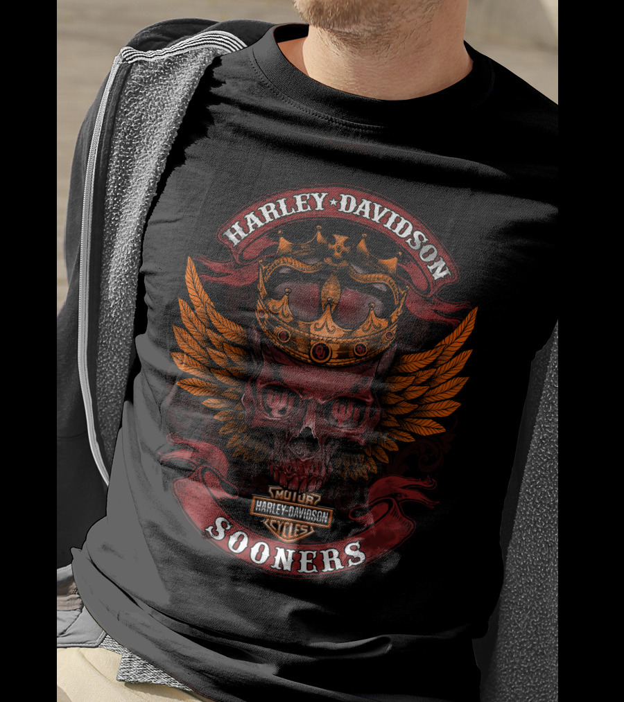 Harley Davidson King Skull Crown Wings Sooner Cycles T-Shirt