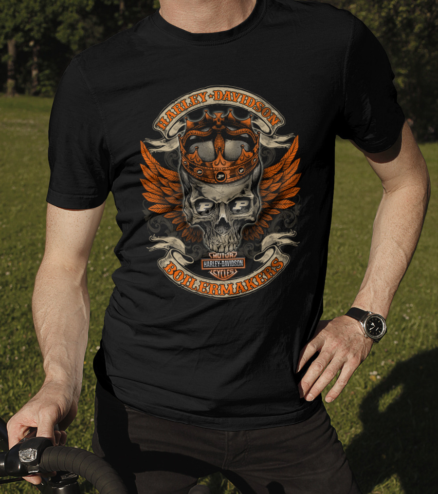 Harley Davidson Boilermakers Skull Crown Wings Motor Cycles Purdue P Shield T-Shirt