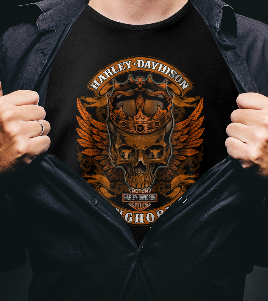 Harley Davidson Longhorns Skull Crown Wings T-Shirt