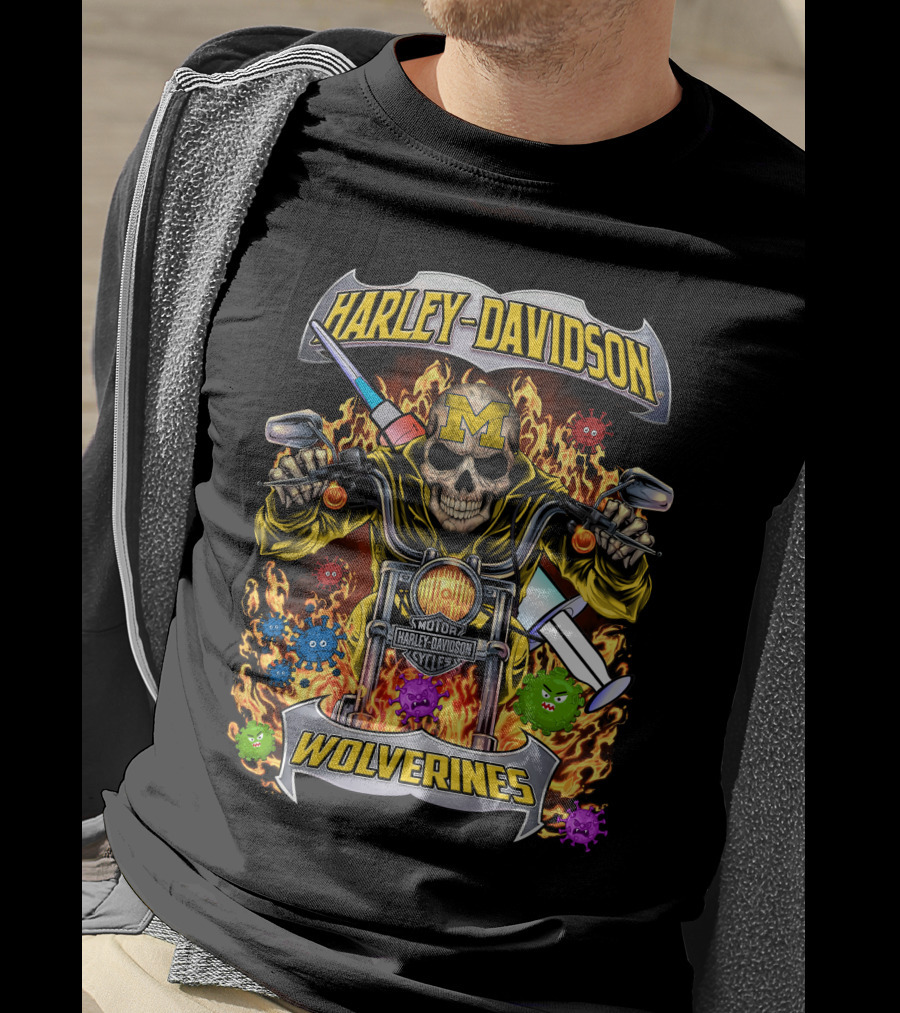 Harley Davidson Michigan Wolverines Skull Motorcycles T-Shirt
