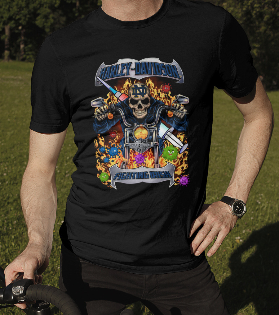 Harley Davidson Notre Dame Fighting Irish Skull Motorcycle Flames Viruses T-Shirt