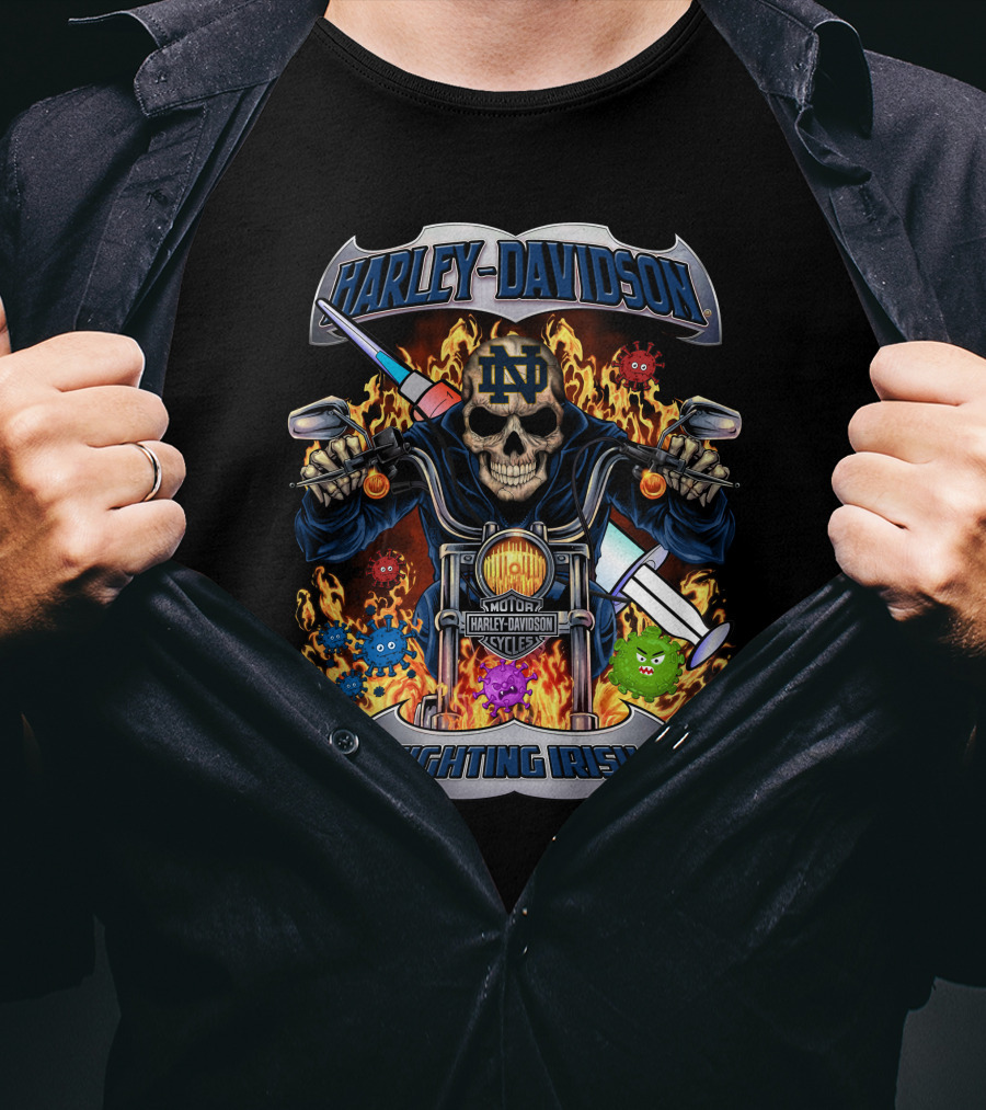 Harley Davidson Notre Dame Fighting Irish Skull Motorcycle Flames Viruses T-Shirt