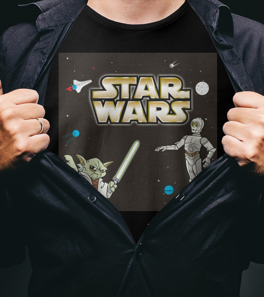 Star Wars Yoda And C-3PO Space Adventure Scene T-Shirt
