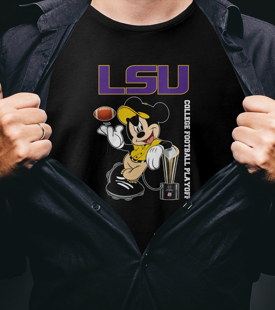 LSU College Football Playoff Mickey Holding Football And Trophy T-Shirt