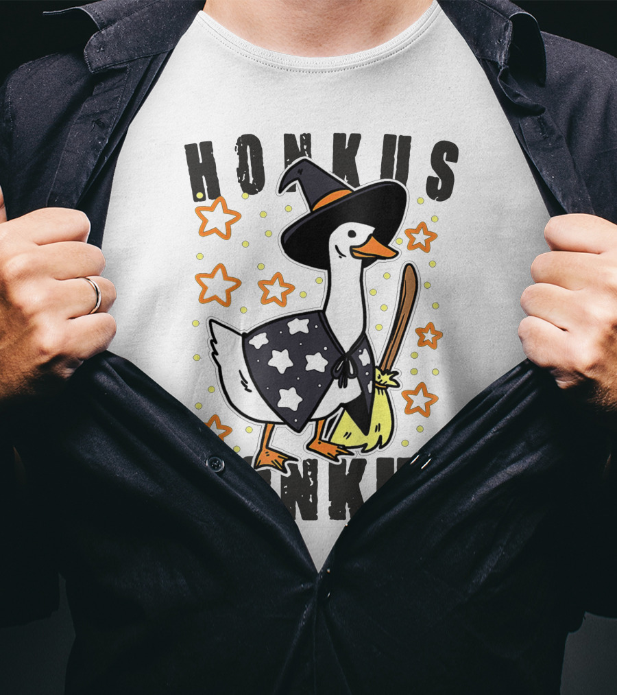 Honkus Ponkus Duck In Witch Costume With Stars And Broom T-Shirt