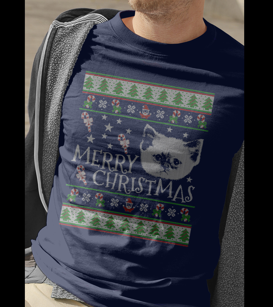 Merry Christmas Cute Persian Kitten Candy Canes Snowflakes Trees T-Shirt