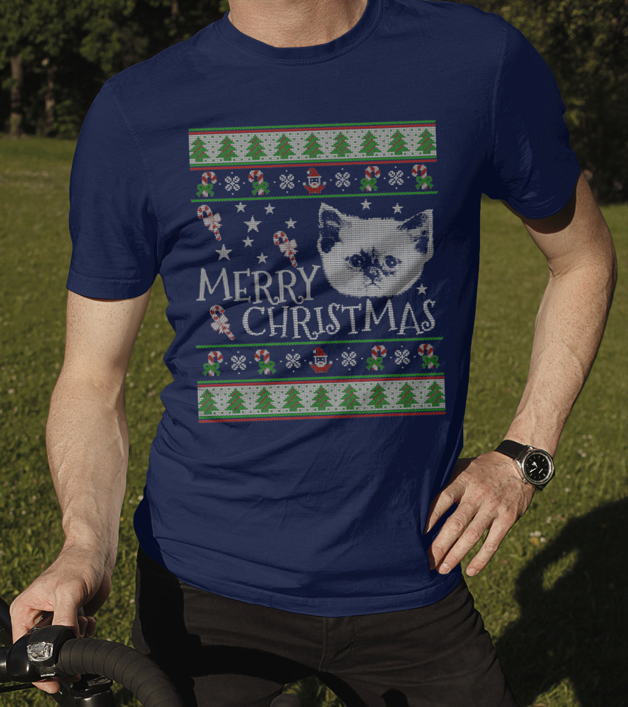 Merry Christmas Cute Persian Kitten Candy Canes Snowflakes Trees T-Shirt