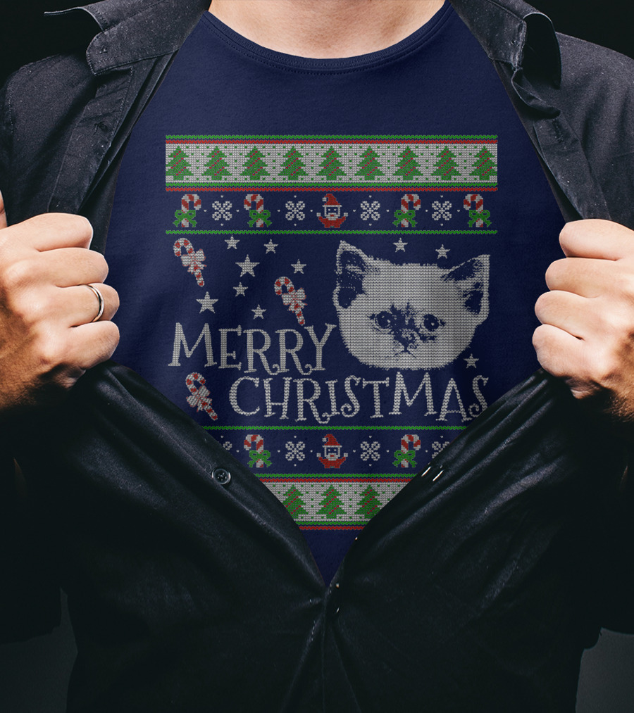 Merry Christmas Cute Persian Kitten Candy Canes Snowflakes Trees T-Shirt