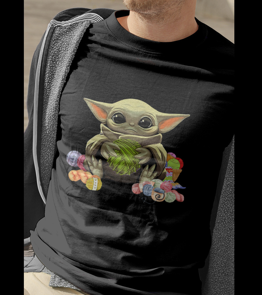 Yoda Baby Holding Yarn Surrounded By Colorful Wool Balls T-Shirt