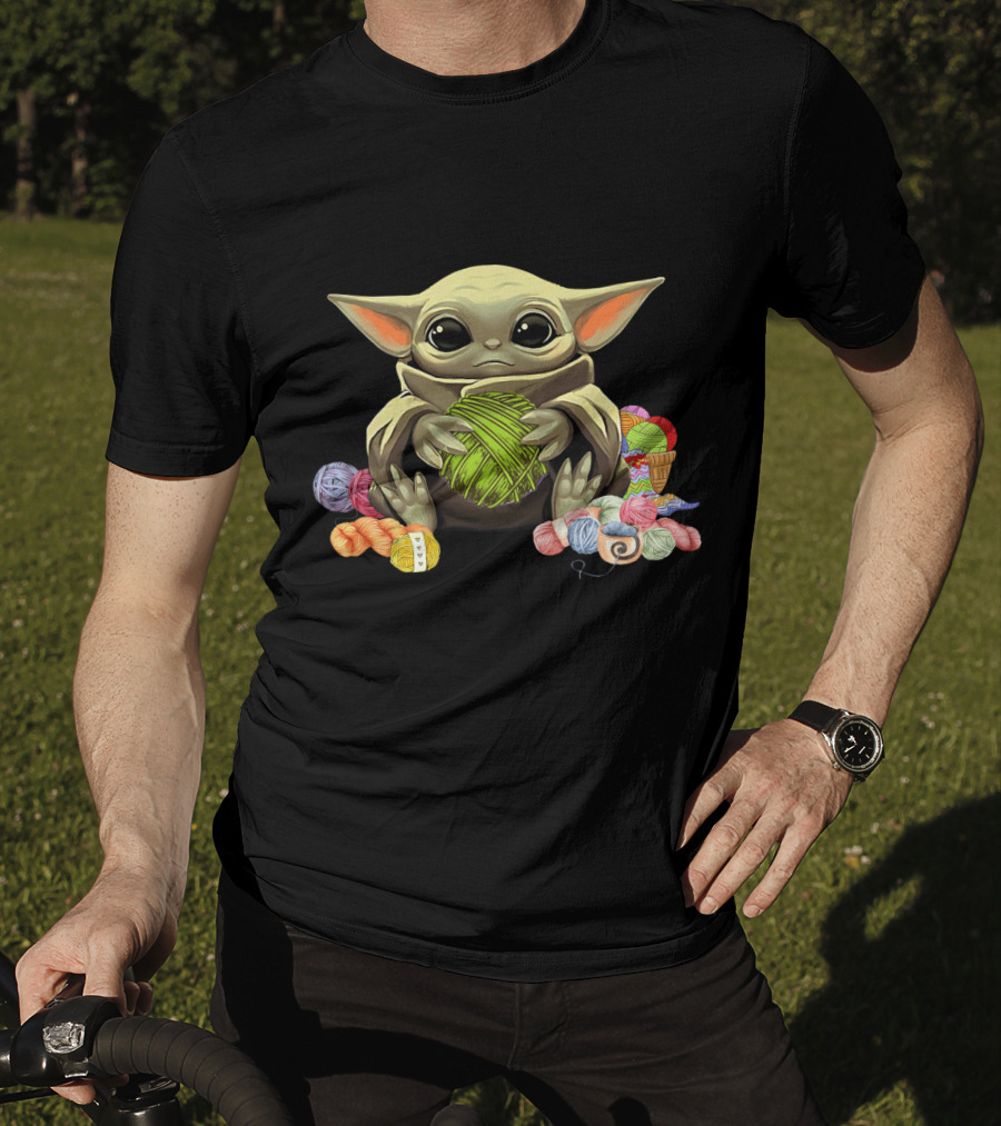 Yoda Baby Holding Yarn Surrounded By Colorful Wool Balls T-Shirt