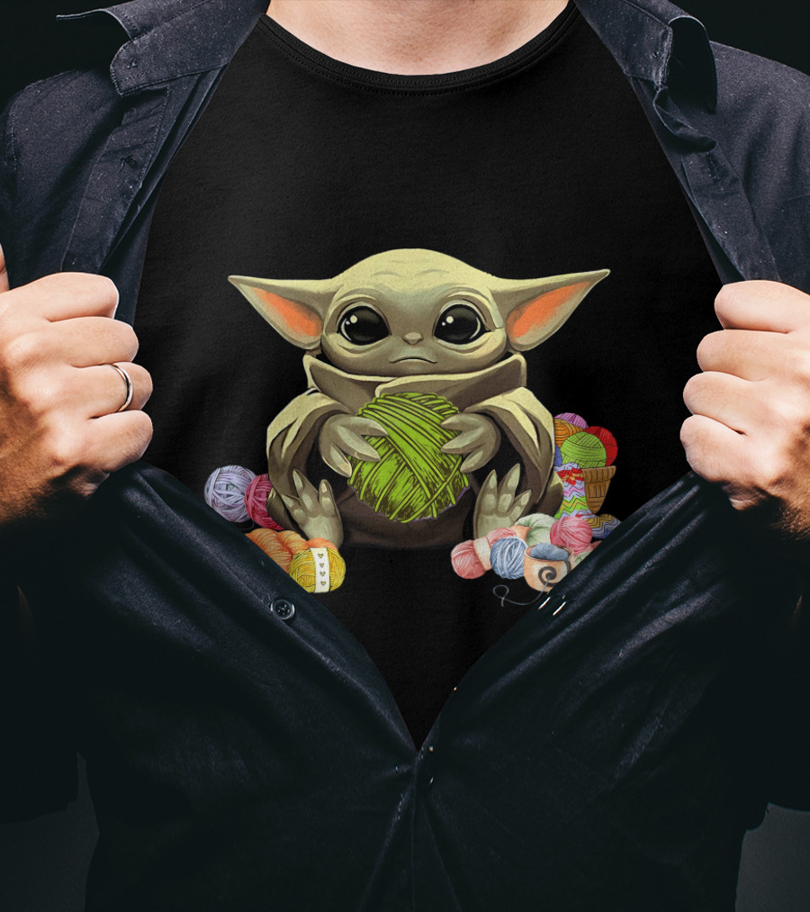 Yoda Baby Holding Yarn Surrounded By Colorful Wool Balls T-Shirt
