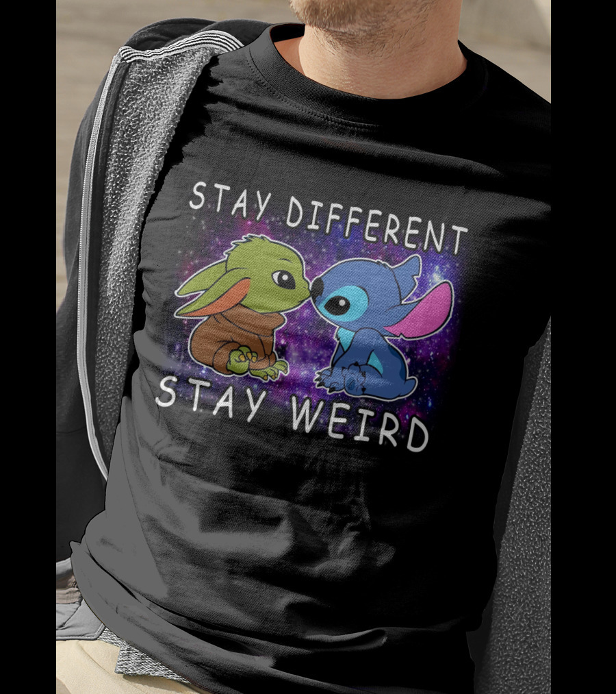 Stay Different Stay Weird Baby Yoda And Stitch Space Background T-Shirt