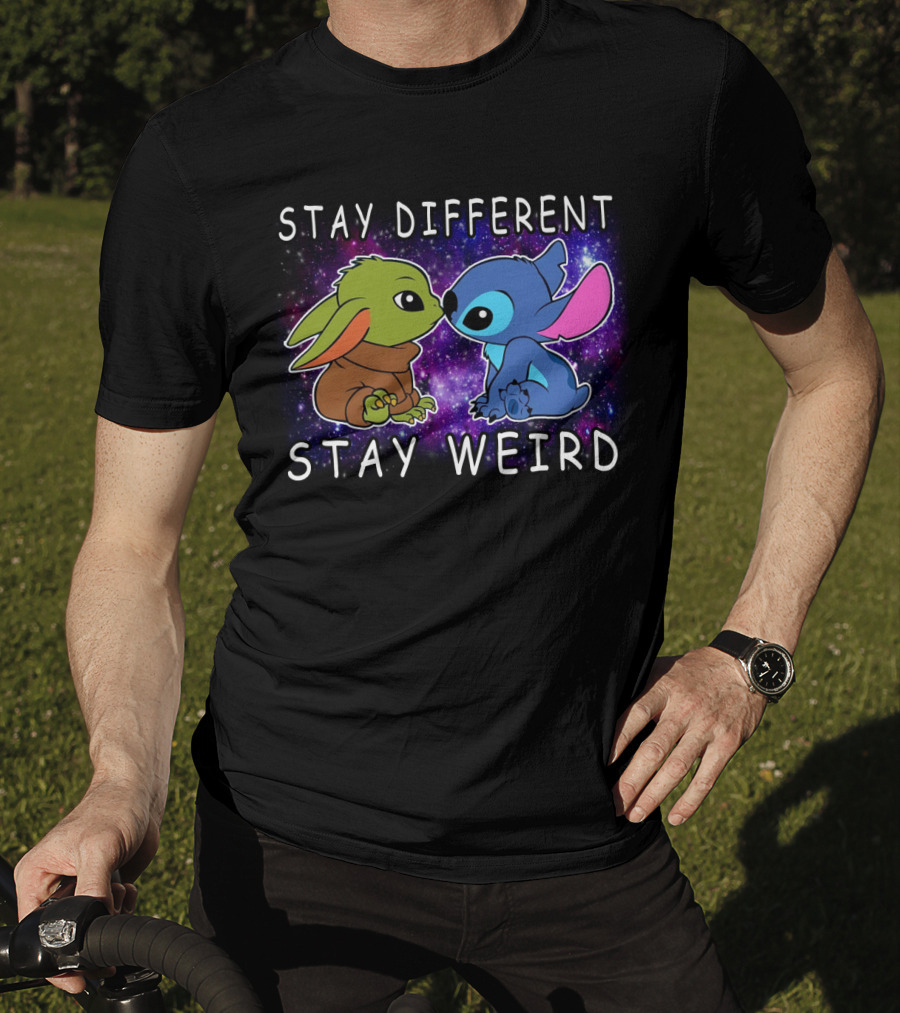 Stay Different Stay Weird Baby Yoda And Stitch Space Background T-Shirt