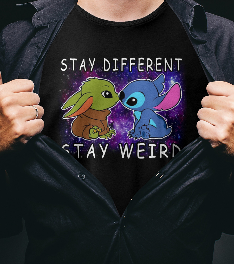Stay Different Stay Weird Baby Yoda And Stitch Space Background T-Shirt
