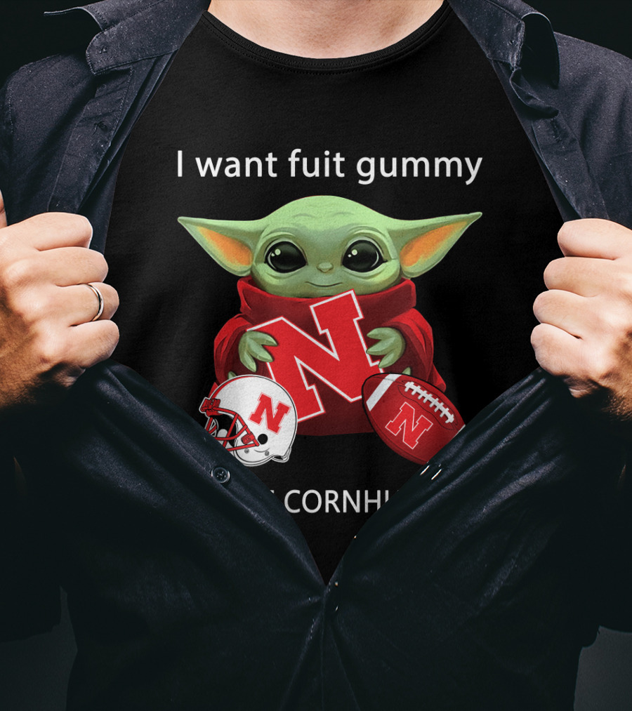 I Want Fuit Gummy I Want Cornhuskers Yoda With Nebraska Football Helmet And Ball T-Shirt