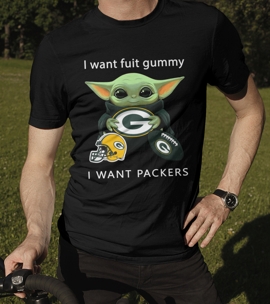 I Want Fruit Gummy I Want Packers Green Bay Packers Baby Yoda Helmet Football T-Shirt
